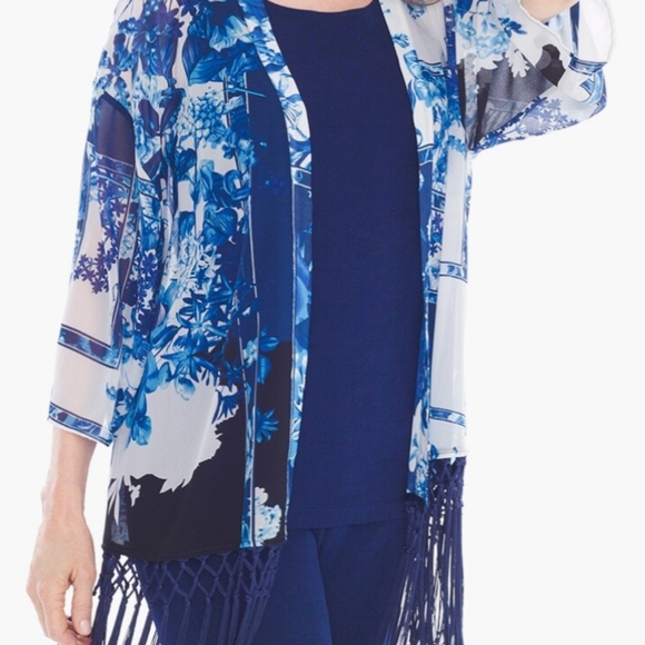 Chico's Travelers S/M Multicolor Floral Oriental Kimono Fringe Open Cardigan - Picture 7 of 7